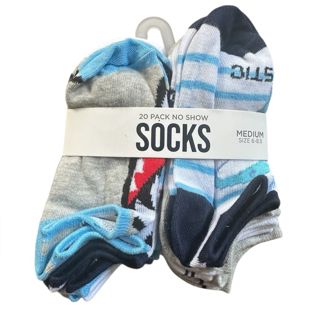 Kids No Show Socks 20 Pack Shark Print Striped Low Cut Sneaker Boys Size 6-8.5